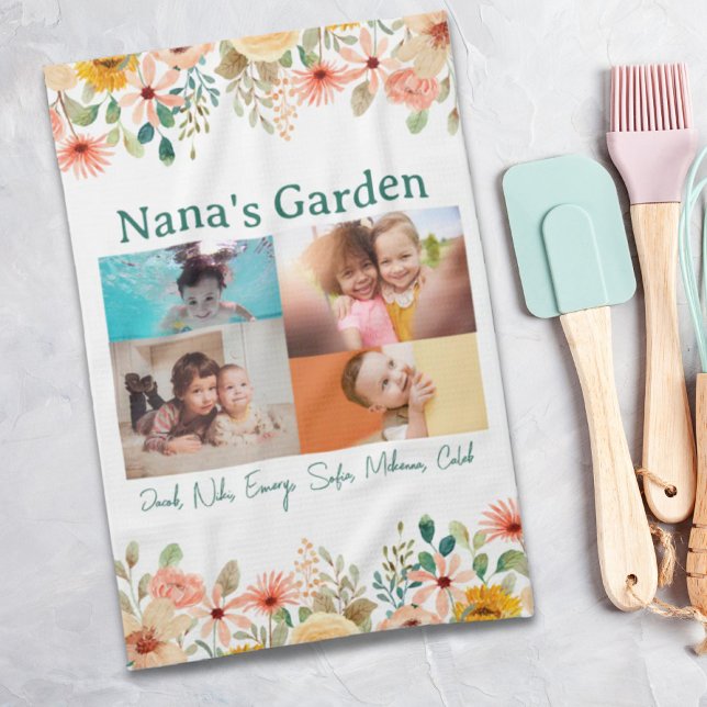Personalised Photo Collage Nana Grandma's Garden Tea Towel (Personalized Photo Collage Nana Grandma's Garden Kitchen Towel)