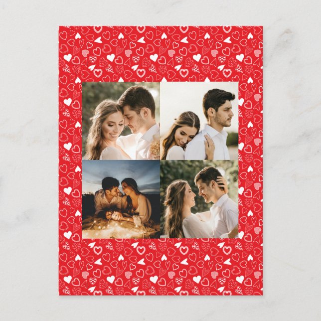 Personalised photo collage red Hearts pattern Postcard (Front)