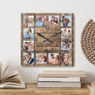 Personalised Photo Collage Rustic Wood Wine Barrel Square Wall Clock