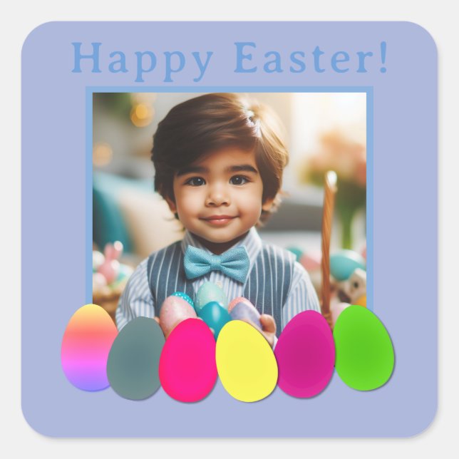 Personalised Photo Coloured Eggs Blue Happy Easter Square Sticker (Front)