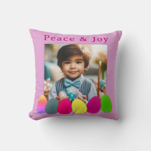 Personalised Photo Coloured Eggs Peace Joy Easter Cushion