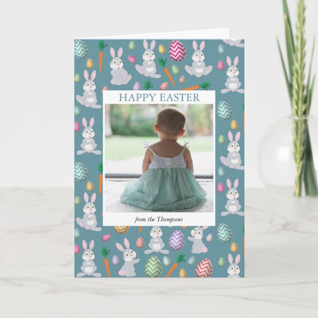 Personalised Photo Cute Blue Easter Bunny Rabbit  Holiday Card (Front)