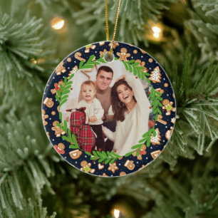 Personalised Photo Cute Gingerbread Christmas Navy Ceramic Ornament
