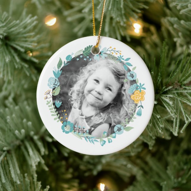 Personalised Photo Delicate Floral Wreath Ceramic Ornament (Tree)