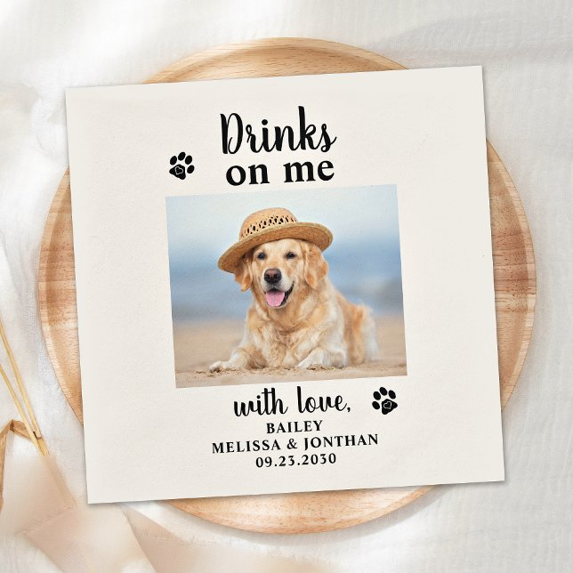 Personalised Photo Drinks On Me Dog Pet Wedding Napkin (Creator Uploaded)