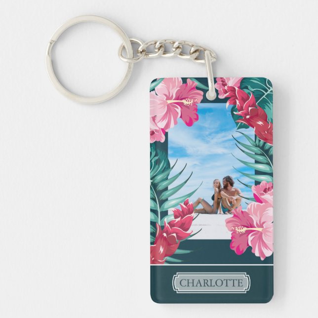 Personalised Photo Exotic Summer Flowers Monogram Key Ring (Front)
