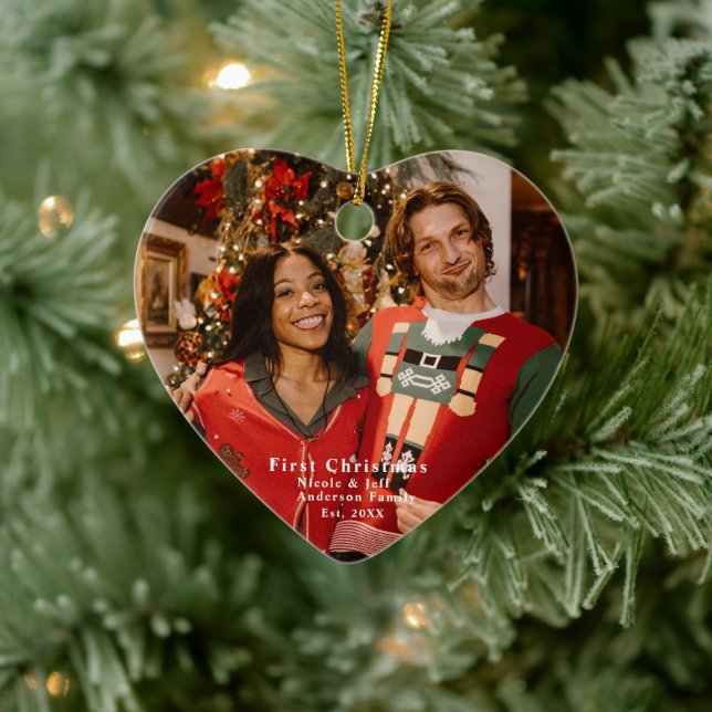 Personalised Photo "First Christmas" Heart Shaped Ceramic Ornament (Tree)