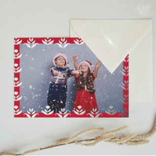 Personalised Photo Folk Art Border Red Christmas Foil Holiday Card