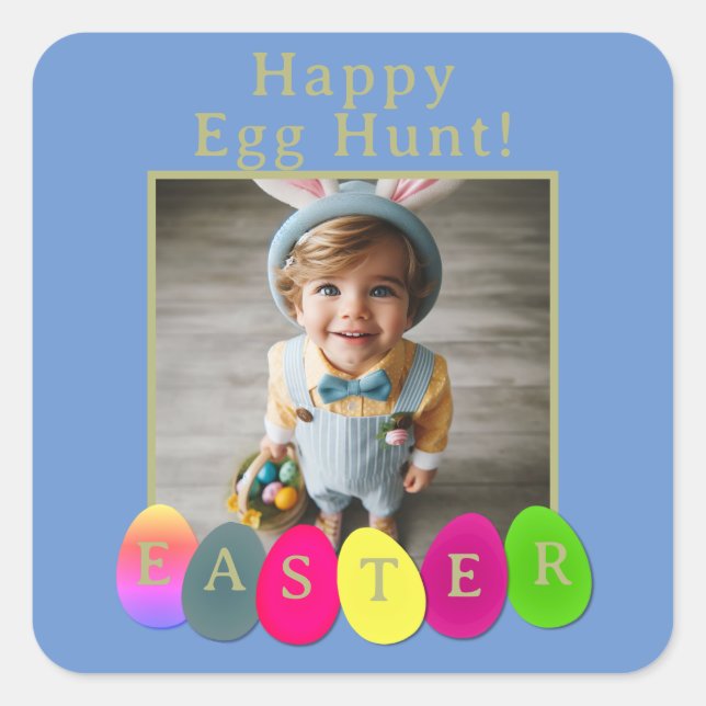 Personalised Photo Fun Egg Hunt Easter Blue Yellow Square Sticker (Front)
