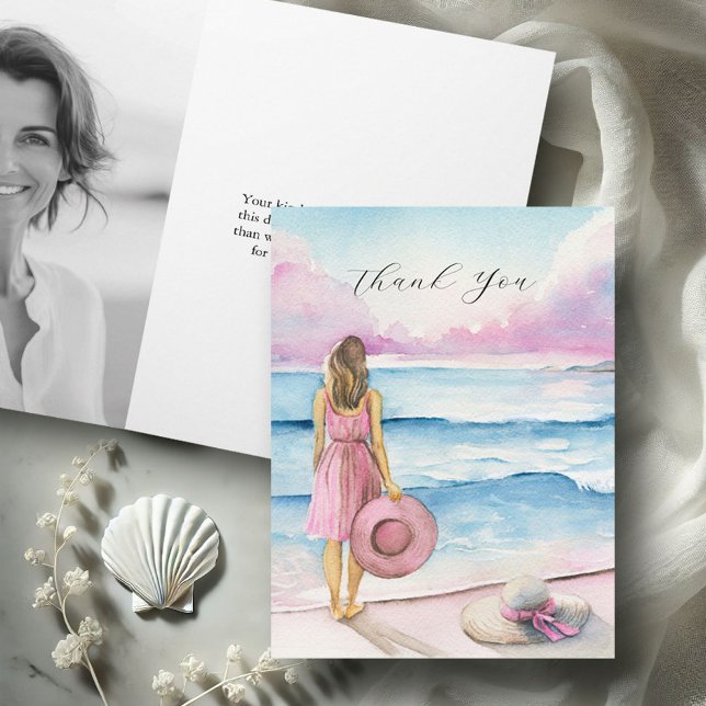 Personalised Photo Funeral Thank You Cards (Funeral thank you card watercolor woman and beach scene with hats in pink Victoria Grigaliunas)