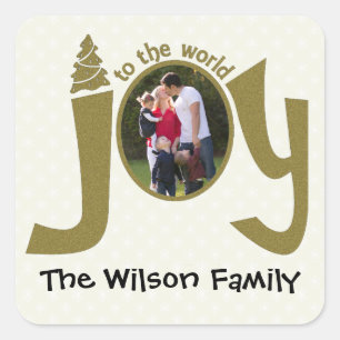 Personalised Photo Glitter Joy to the World Square Sticker
