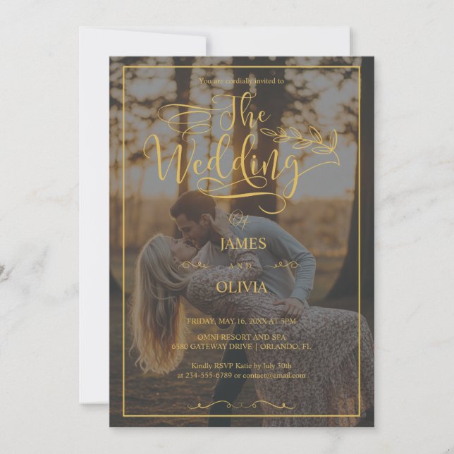 Personalised Photo Gold Calligraphy Wedding  Invitation (Front)