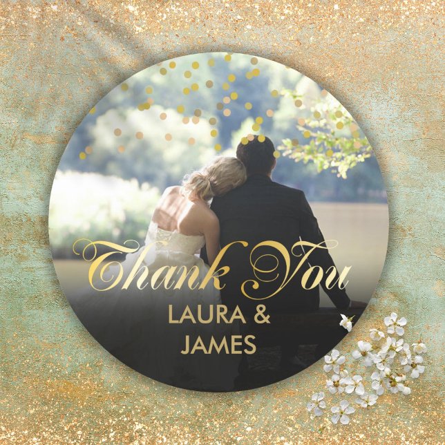 Personalised Photo Gold Confetti Script Thank You Classic Round Sticker (Personalized Photo Gold Confetti Script Thank You Classic Round Sticker)