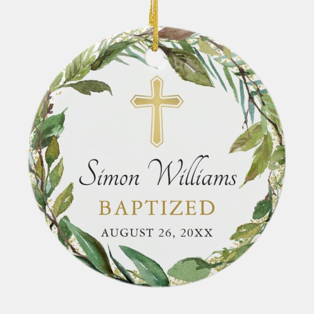 Personalised Photo Gold Greenery Wreath Baptism  Ceramic Ornament (Back)