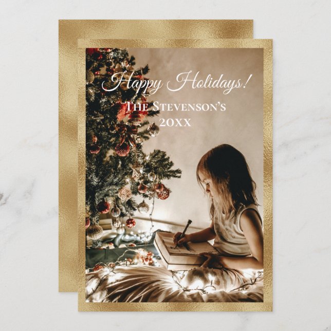 Personalised Photo Gold Happy Holidays Christmas Holiday Card (Front/Back)