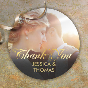 Personalised Photo Gold Script Thank You Classic Round Sticker