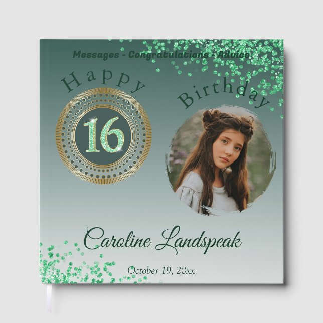 Personalised Photo Green Glitter, 16th Birthday Guest Book (Front)