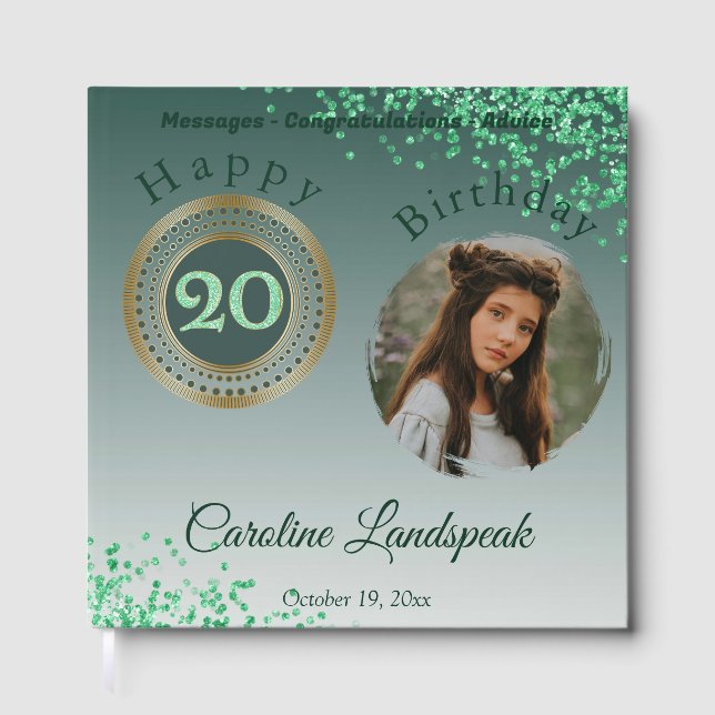 Personalised Photo Green Glitter, 20th Birthday Guest Book (Front)