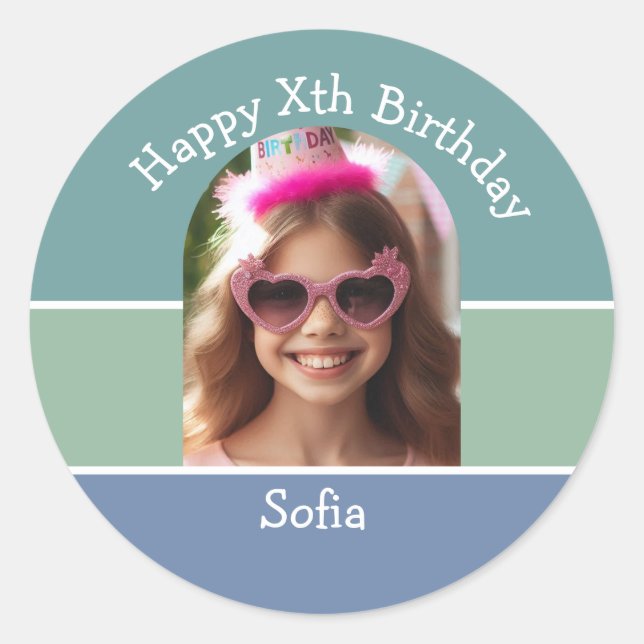 Personalised Photo Happy Birthday Name Any Age  Classic Round Sticker (Front)