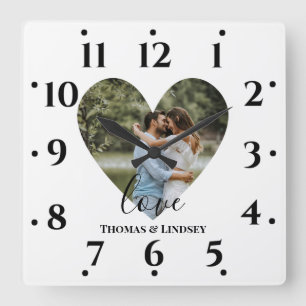 Personalised Photo Heart Frame Modern Calligraph Square Wall Clock