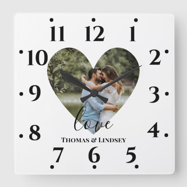 Personalised Photo Heart Frame Modern Calligraph Square Wall Clock (Front)