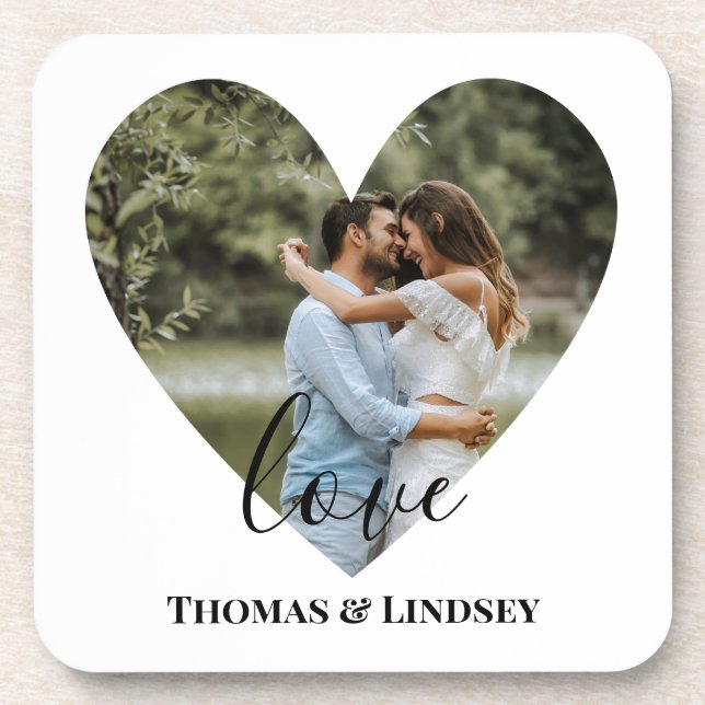 Personalised Photo Heart Frame Modern Calligraphy Coaster (Front)
