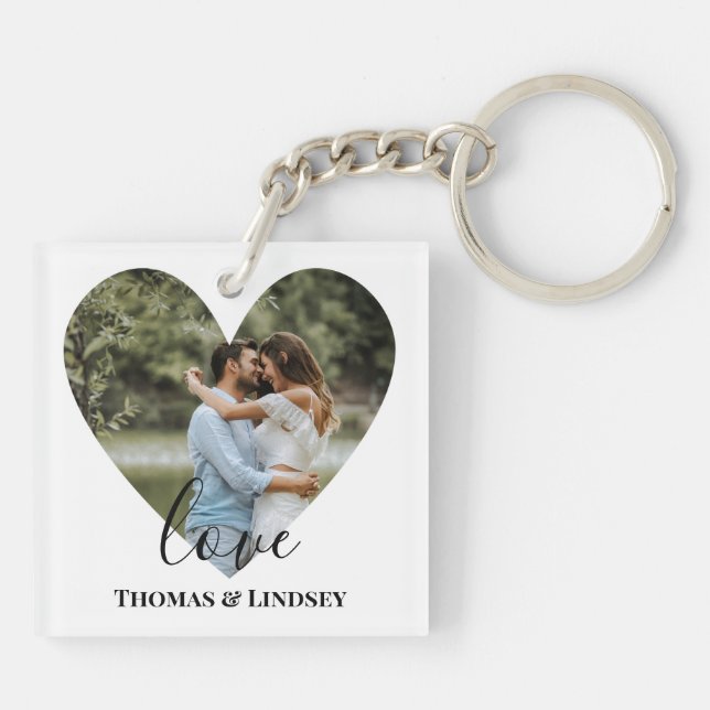 Personalised Photo Heart Frame Modern Calligraphy Key Ring (Back)