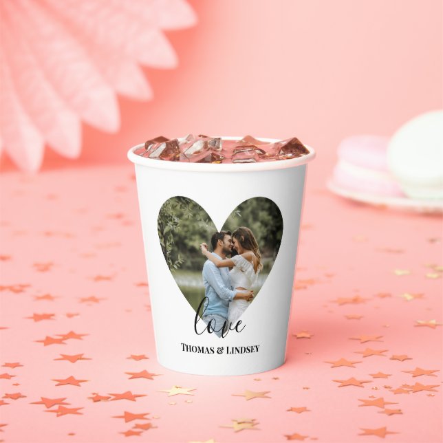Personalised Photo Heart Frame Modern Calligraphy Paper Cups (Insitu)