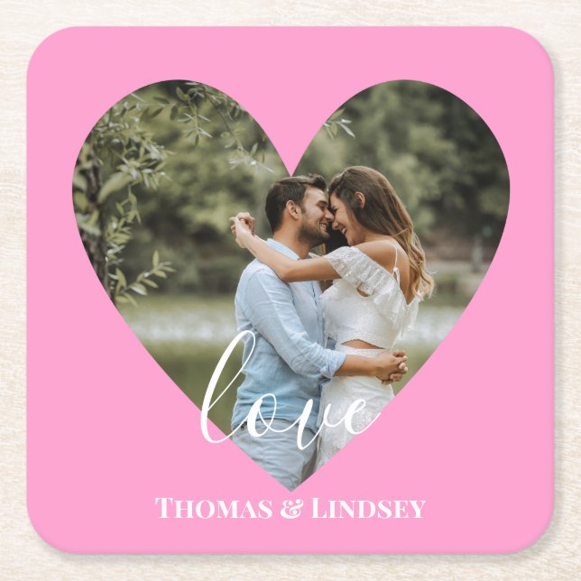 Personalised Photo Heart Frame Modern Calligraphy Square Paper Coaster (Front)