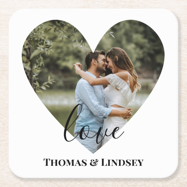 Personalised Photo Heart Frame Modern Calligraphy  Square Paper Coaster (Front)