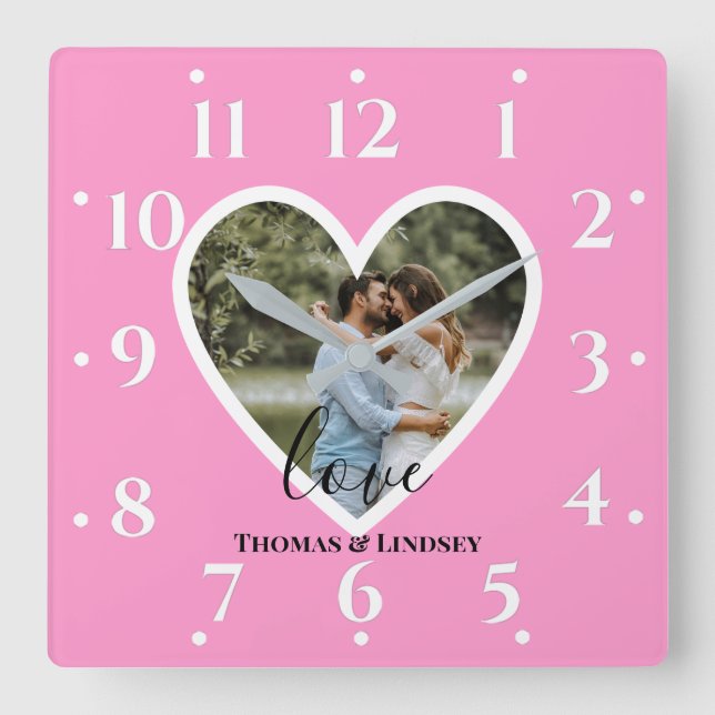 Personalised Photo Heart Frame Modern Calligraphy Square Wall Clock (Front)
