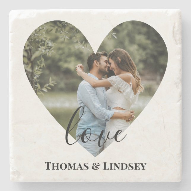 Personalised Photo Heart Frame Modern Calligraphy Stone Coaster (Front)