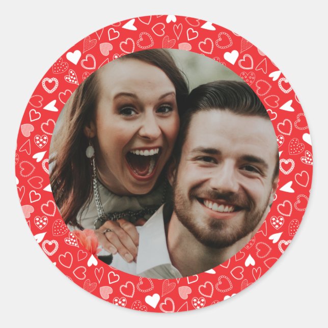 Personalised photo Hearts pattern red  Classic Round Sticker (Front)