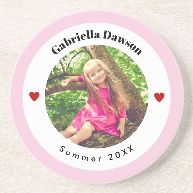 Personalised Photo in Baby Pink White Circle Heart Coaster (Front)