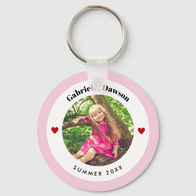 Personalised Photo in Baby Pink White Circle Heart Key Ring (Front)