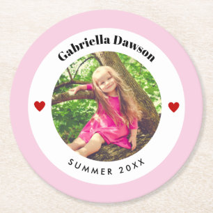 Personalised Photo in Baby Pink White Circle Heart Round Paper Coaster