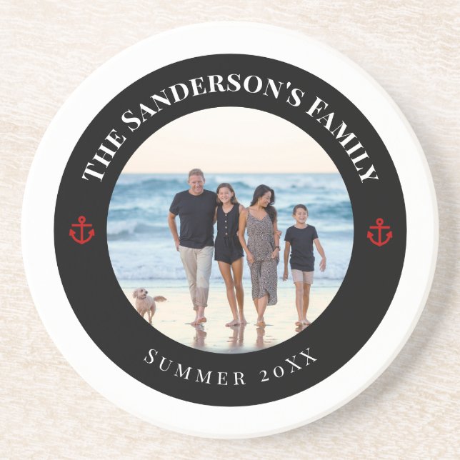 Personalised Photo in Black Circle with Red Anchor Coaster (Front)