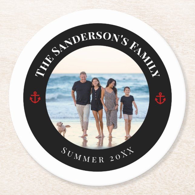 Personalised Photo in Black Circle with Red Anchor Round Paper Coaster (Front)