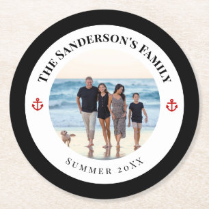 Personalised Photo in Black Circle with Red Anchor Round Paper Coaster