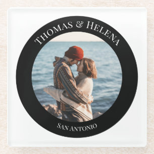 Personalised Photo in Black Circle with Texts Glass Coaster