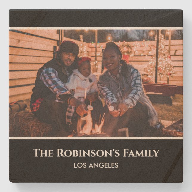 Personalised Photo in Black Frame with Texts Stone Coaster (Front)