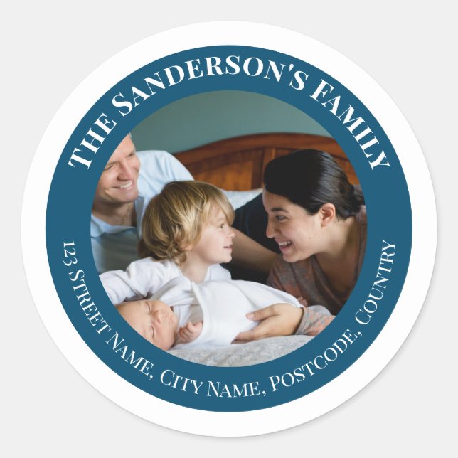 Personalised Photo in Turquoise Circle with Texts Classic Round Sticker (Front)