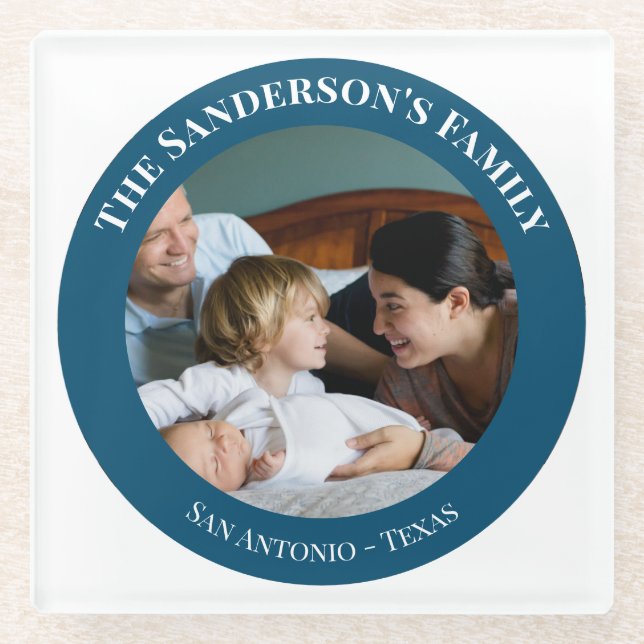 Personalised Photo in Turquoise Circle with Texts Glass Coaster (Front)