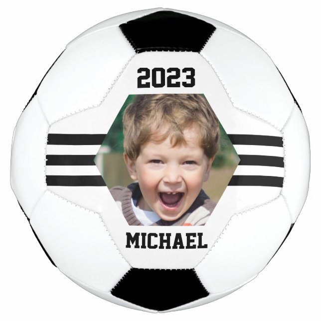Personalised Photo Keepsake Black Stripes Soccer Ball (Front)