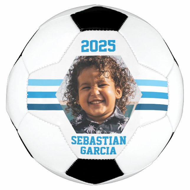 Personalised Photo Keepsake Multi Blue Stripes Soccer Ball (Front)