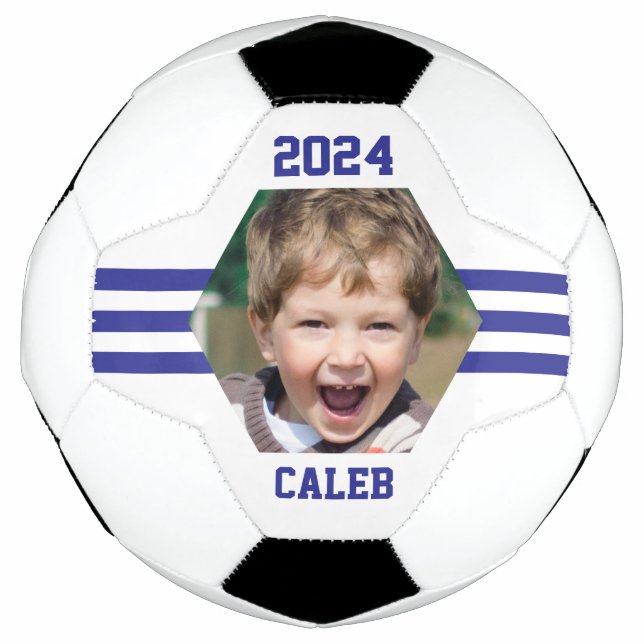 Personalised Photo Keepsake Royal Blue Stripes Soccer Ball (Front)