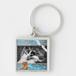 Personalised Photo Key Chain Blue Wood Barn Door B