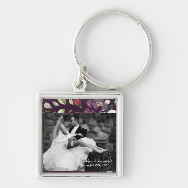 Personalised Photo Key Chain Plum Purple Roses Gol (Front)