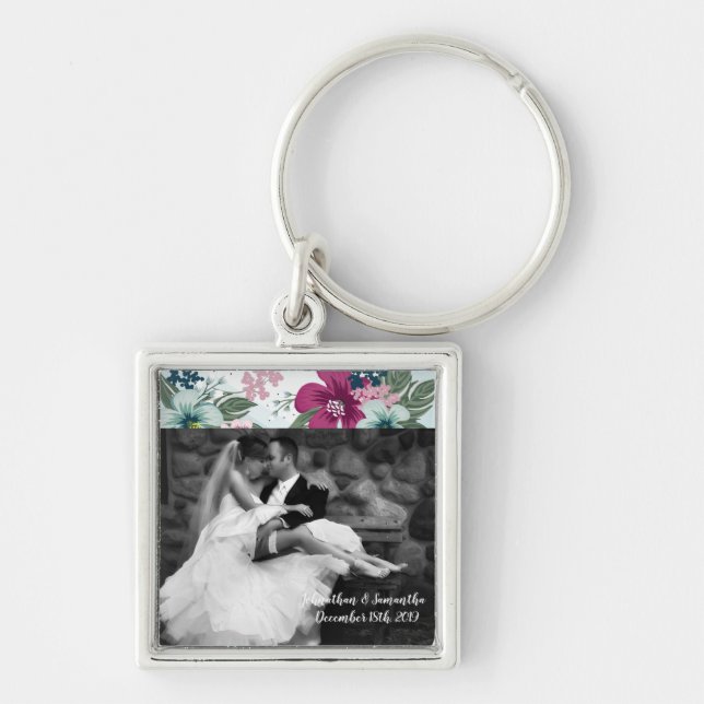 Personalised Photo Key Chain Tropical Flower on Bl (Front)