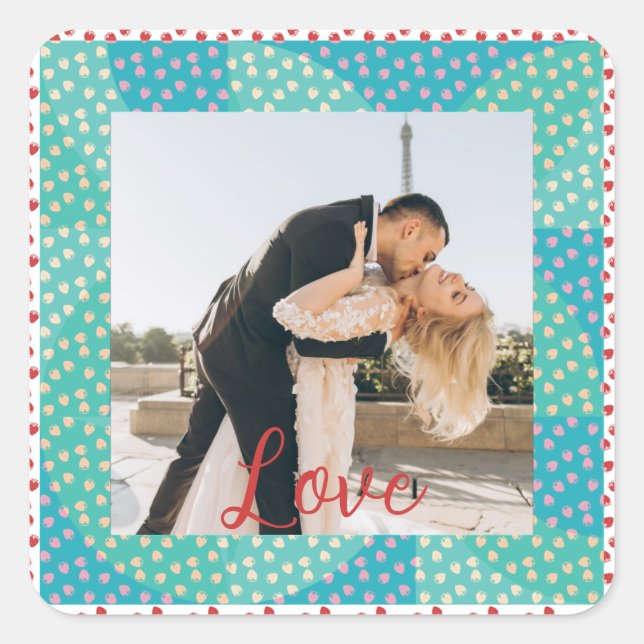 Personalised Photo LOVE Strawberry Frame Square Sticker (Front)